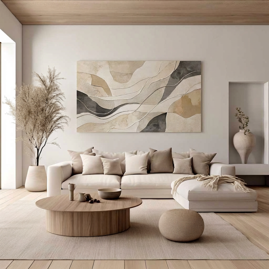 Un living minimalist în tonuri calde, cu texturi naturale, lemn deschis și forme organice—stil atemporal, curat și super cozy. Pentru același look perfect adaptat spațiului tău, alege mobilier personalizat, la comandă, făcut pe măsurători reale și finisaje premium. Iar când e realizat din producție locală, ai calitate controlată, suport rapid și susții economia de aici, nu dintr-un depozit “misterios”.