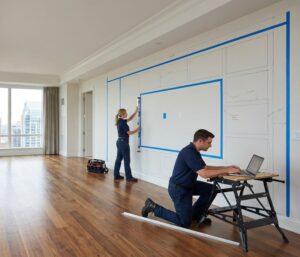 Un living de apartament high-end, unde se fac măsurători profesionale pentru mobilier la comandă / mobilier personalizat: un specialist verifică verticalitatea pereților cu un boloboc digital, iar altul controlează planeitatea podelei și introduce date în laptop. Pereții sunt marcați cu schițe și cote pentru detalii arhitecturale complexe, sugerând precizie milimetrică, expertiză tehnică și prevenirea greșelilor costisitoare înainte de producția și montajul unui ansamblu mare de mobilier.