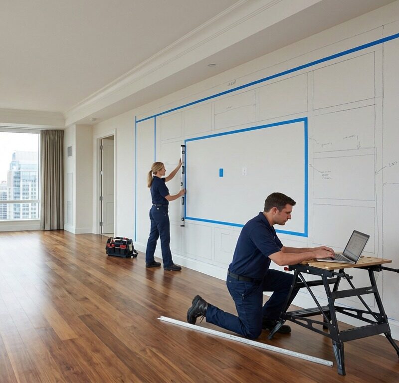 Un living de apartament high-end, unde se fac măsurători profesionale pentru mobilier la comandă / mobilier personalizat: un specialist verifică verticalitatea pereților cu un boloboc digital, iar altul controlează planeitatea podelei și introduce date în laptop. Pereții sunt marcați cu schițe și cote pentru detalii arhitecturale complexe, sugerând precizie milimetrică, expertiză tehnică și prevenirea greșelilor costisitoare înainte de producția și montajul unui ansamblu mare de mobilier.