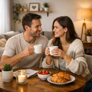 Cuplu tânăr luând micul dejun la o masă rotundă din lemn masiv într-un living modern cu design cald. Masa din lemn masiv cu finisaj natural, inconjurata de mobilier de living confortabil, facut la comanda, si capanea pe dimensiuni si model personalizat, cu stofa aleasa din showroomul Kromatica.