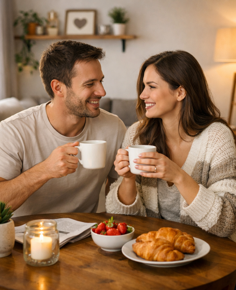 Cuplu tânăr luând micul dejun la o masă rotundă din lemn masiv într-un living modern cu design cald. Masa din lemn masiv cu finisaj natural, inconjurata de mobilier de living confortabil, facut la comanda, si capanea pe dimensiuni si model personalizat, cu stofa aleasa din showroomul Kromatica.