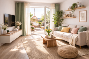 Un interior de zi modern și aerisit care redefinește conceptul de 'confort acasă' prin utilizarea inteligentă a materialelor naturale și a luminii. Un living cu acces direct către o terasă exterioară, unde granița dintre interior și exterior este estompată de ușile vitrate largi. Pereții albi servesc drept pânză pentru un joc de lumini și umbre naturale, iar pardoseala din parchet de lemn deschis la culoare armonizează perfect cu piesele de mobilier atent selecționate pentru a crea un spațiu de locuit coerent și relaxant. Piesa centrală a zonei de relaxare este canapeaua executanat la comanda cu linii drepte și picioare discrete din lemn, acoperită cu o cuvertură albă moale cu franjuri. Măsuța centrală din lemn masiv brut de esență tare atrage privirea prin simplitatea formelor sale dreptunghiulare și masivitatea bazei. Comoda pentru televizor, montată pe perete în partea stângă, demonstrează o execuție impe