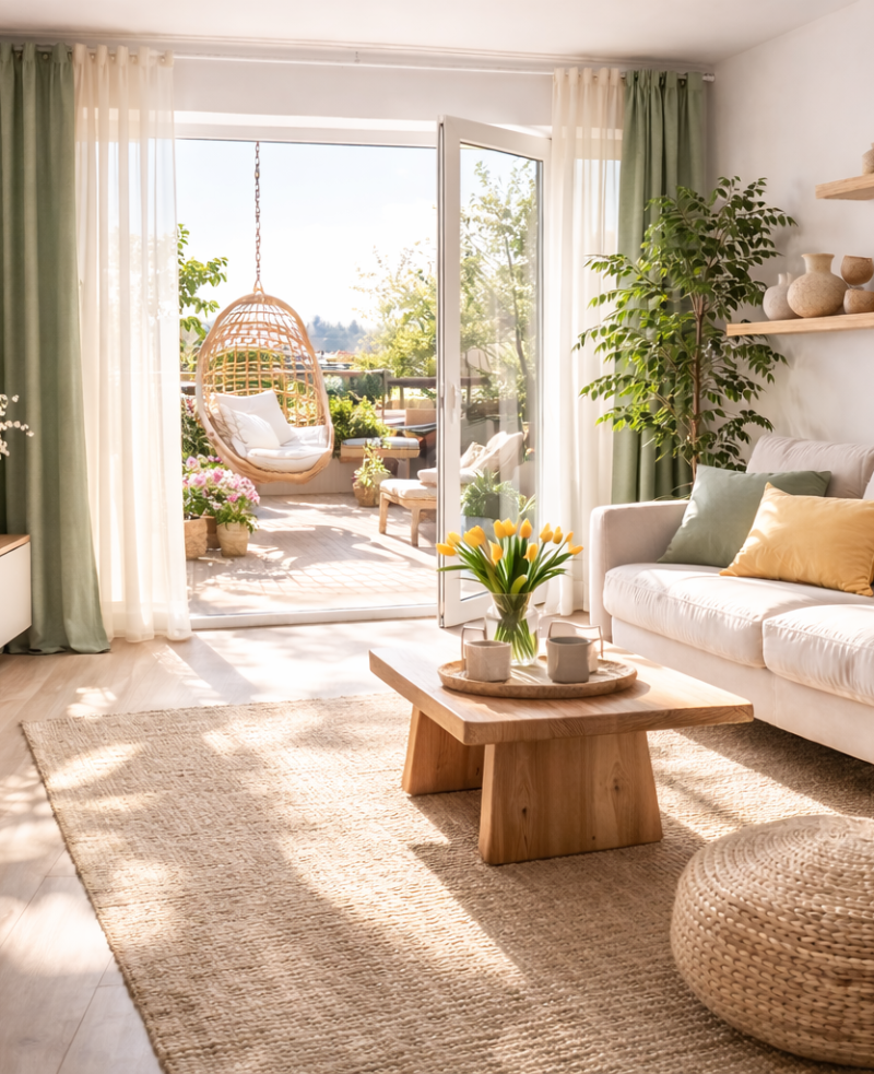 Un interior de zi modern și aerisit care redefinește conceptul de 'confort acasă' prin utilizarea inteligentă a materialelor naturale și a luminii. Un living cu acces direct către o terasă exterioară, unde granița dintre interior și exterior este estompată de ușile vitrate largi. Pereții albi servesc drept pânză pentru un joc de lumini și umbre naturale, iar pardoseala din parchet de lemn deschis la culoare armonizează perfect cu piesele de mobilier atent selecționate pentru a crea un spațiu de locuit coerent și relaxant. Piesa centrală a zonei de relaxare este canapeaua executanat la comanda cu linii drepte și picioare discrete din lemn, acoperită cu o cuvertură albă moale cu franjuri. Măsuța centrală din lemn masiv brut de esență tare atrage privirea prin simplitatea formelor sale dreptunghiulare și masivitatea bazei. Comoda pentru televizor, montată pe perete în partea stângă, demonstrează o execuție impe