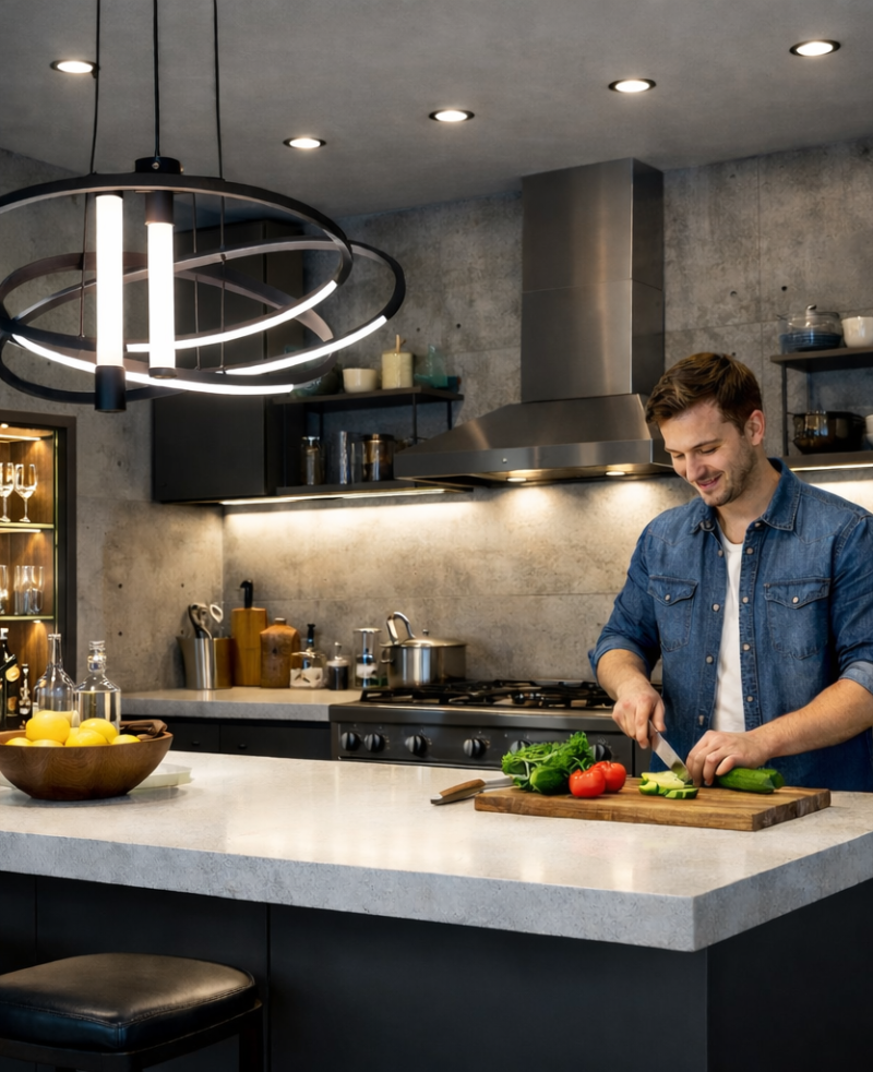 Bucatarie la comanda din MDF vopsit, in stil industrial, din materiale sustenabile, pentru stilul tau de viata, iluminata corect, cu lumina ambientala, neutra, pentru o atmosfera calda, primitoare ce te invita la gatitul cu cei dragi, lumina functionala directionata peste blat, zona de vitrina iluminata ca punct de atractie, si lumina peste insula, de efect si functionala.