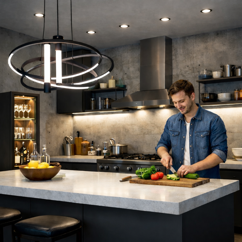 Bucatarie la comanda din MDF vopsit, in stil industrial, din materiale sustenabile, pentru stilul tau de viata, iluminata corect, cu lumina ambientala, neutra, pentru o atmosfera calda, primitoare ce te invita la gatitul cu cei dragi, lumina functionala directionata peste blat, zona de vitrina iluminata ca punct de atractie, si lumina peste insula, de efect si functionala.