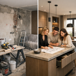 Transformare bucătărie la comandă: de la șantier la mobilier modern din lemn cu insulă și blat de piatră. Proiect de amenajare interioara cu mobilier personalizat produs de Kromatica, evidentiind procesul de la renovare la rezultatul final. Bucatarie moderna cu insula, finisaj pal stejar, realizata la comanda.