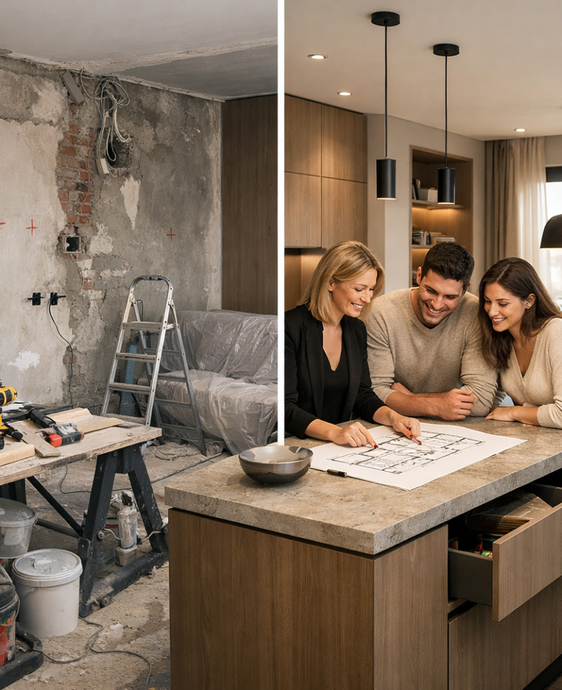 Transformare bucătărie la comandă: de la șantier la mobilier modern din lemn cu insulă și blat de piatră. Proiect de amenajare interioara cu mobilier personalizat produs de Kromatica, evidentiind procesul de la renovare la rezultatul final. Bucatarie moderna cu insula, finisaj pal stejar, realizata la comanda.