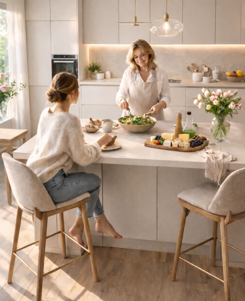 Test alt text pentru ChatGPT Image - mobilier modern personalizat O atmosfera caldă de familie desfășurată într-o bucătărie modernă și primitoare, cu un design minimalist scandinav care pune accent pe lumină naturală și materiale organice, MDF vopsit si finisaje de lemn. Spațiul emană o senzație de confort casnic și armonie, fiind definit de tonuri neutre de bej, crem și accente de lemn deschis la culoare care creează un ambient aerisit și extrem de ordonat. Mama si fiica interacționând în jurul unei zone de dining, sugerând un stil de viață sănătos și calm. Configurația mobilierului include dulapuri suspendate cu finisaj de furnir de lemn deschis, cu o textură fină care adaugă profunzime spațiului. Blatul de lucru este o piesă centrală, fiind realizat dintr-un material compozit durabil cu aspect de piatră naturală, care se prelungește vizual către zona de servit masa. Sub rafturile de lemn sunt expuse obiecte de veselă precum cești albe și boluri, menținând o ordine estetică riguro