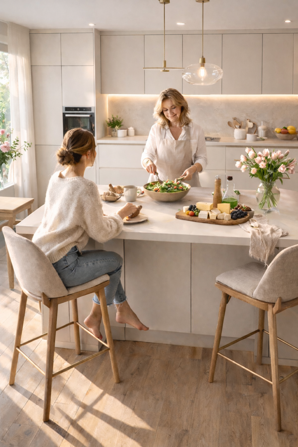 Test alt text pentru ChatGPT Image - mobilier modern personalizat O atmosfera caldă de familie desfășurată într-o bucătărie modernă și primitoare, cu un design minimalist scandinav care pune accent pe lumină naturală și materiale organice, MDF vopsit si finisaje de lemn. Spațiul emană o senzație de confort casnic și armonie, fiind definit de tonuri neutre de bej, crem și accente de lemn deschis la culoare care creează un ambient aerisit și extrem de ordonat. Mama si fiica interacționând în jurul unei zone de dining, sugerând un stil de viață sănătos și calm. Configurația mobilierului include dulapuri suspendate cu finisaj de furnir de lemn deschis, cu o textură fină care adaugă profunzime spațiului. Blatul de lucru este o piesă centrală, fiind realizat dintr-un material compozit durabil cu aspect de piatră naturală, care se prelungește vizual către zona de servit masa. Sub rafturile de lemn sunt expuse obiecte de veselă precum cești albe și boluri, menținând o ordine estetică riguro