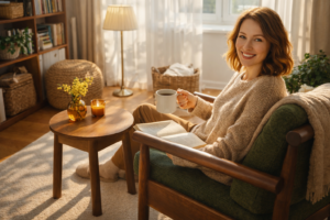 Un cadru intim de design interior ce ilustrează utilizarea armonioasă a lemnului și a culorilor pământii într-o zonă de lectură luminoasă. Stilul ales este unul contemporan, punând accent pe longevitatea materialelor Mobilierul include elemente esențiale pentru un living funcțional: un fotoliu premium cu structură din lemn și șezut generos acoperit cu o țesătură verde închis, alături de o măsuță de tip taburet din lemn masiv, având margini șlefuite fin și picioare solide. Biblioteca din spate evidențiază un design simplu, dar practic, cu polițe rezistente care susțin volume numeroase și cutii de arhivare discrete. Utilizarea lemnului de nuanță medie leagă vizual toate piesele de mobilier, oferind coeziune întregului spațiu și subliniind măiestria execuției tipice pentru mobilierul la comandă. Întregul ansamblu reflectă filosofia Kromatica de a crea spații care nu sunt doar estetice, ci și profund adaptate nevoilor umane de relaxare și căldură sufletească.