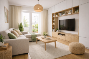 Un living modern și luminos, amenajat în stil scandinav minimalist, care emană o atmosferă caldă, relaxantă și primitoare. Paleta cromatică este dominată de tonuri neutre de bej, crem și accente de alb, completate perfect de textura naturală a lemnului deschis la culoare, creând un spațiu armonios ideal pentru relaxare. Piesa centrală a încăperii este un ansamblu de mobilier TV realizat la comandă, care acoperă întregul perete. Acesta combină dulapuri suspendate și laterale de culoare alb mat cu o nișă generoasă din furnir de stejar deschis, unde este amplasat televizorul. Partea inferioară include o comodă joasă cu sertare și uși, oferind spații de depozitare discrete. În fața acestuia se află o canapea modulară de colț, tapițată într-o stofă texturată bej, decorată cu perne în nuanțe de salvie și ocru. O măsuță de cafea din lemn masiv cu margini rotunjite completează zona de relaxare, fiind așezată pe un covor moale, cu fir scurt, într-o nuanță de ecru.
