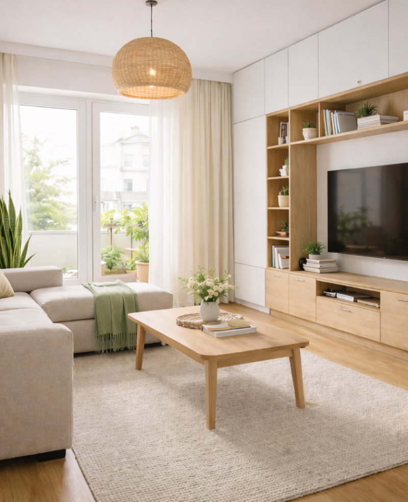 Un living modern și luminos, amenajat în stil scandinav minimalist, care emană o atmosferă caldă, relaxantă și primitoare. Paleta cromatică este dominată de tonuri neutre de bej, crem și accente de alb, completate perfect de textura naturală a lemnului deschis la culoare, creând un spațiu armonios ideal pentru relaxare. Piesa centrală a încăperii este un ansamblu de mobilier TV realizat la comandă, care acoperă întregul perete. Acesta combină dulapuri suspendate și laterale de culoare alb mat cu o nișă generoasă din furnir de stejar deschis, unde este amplasat televizorul. Partea inferioară include o comodă joasă cu sertare și uși, oferind spații de depozitare discrete. În fața acestuia se află o canapea modulară de colț, tapițată într-o stofă texturată bej, decorată cu perne în nuanțe de salvie și ocru. O măsuță de cafea din lemn masiv cu margini rotunjite completează zona de relaxare, fiind așezată pe un covor moale, cu fir scurt, într-o nuanță de ecru.