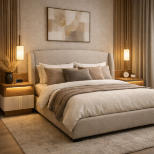 Dormitor elegant amenajat cu mobilier la comandă Kromatica, pat tapitat cu stofă premium și tăblie înaltă, noptiere moderne din MDF vopsit și lemn natur cu riflaje, iluminare ambientală integrată și design cald, minimalist. Soluție personalizată pentru confort și funcționalitate în apartamente moderne din București.