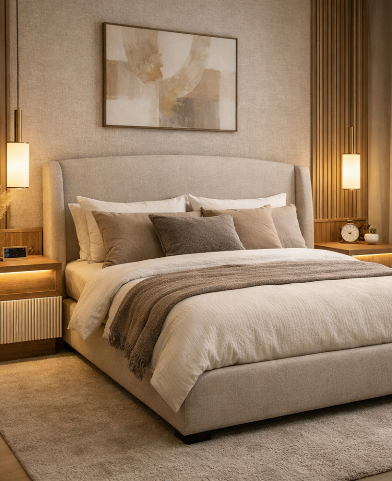 Dormitor elegant amenajat cu mobilier la comandă Kromatica, pat tapitat cu stofă premium și tăblie înaltă, noptiere moderne din MDF vopsit și lemn natur cu riflaje, iluminare ambientală integrată și design cald, minimalist. Soluție personalizată pentru confort și funcționalitate în apartamente moderne din București.