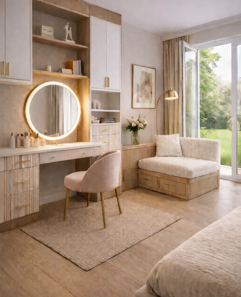 Colț de dormitor amenajat cu mobilier la comandă Kromatica, featuring masă de toaletă din MDF vopsit și lemn natur, cu riflaje și iluminare LED integrată, spații de depozitare personalizate și bancuță cu stofă bouclé. Design modern, luminos, cu acces către balcon și grădină, ideal pentru amenajări premium în apartamente din București.