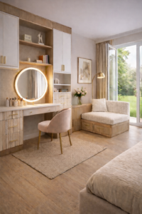 Colț de dormitor amenajat cu mobilier la comandă Kromatica, featuring masă de toaletă din MDF vopsit și lemn natur, cu riflaje și iluminare LED integrată, spații de depozitare personalizate și bancuță cu stofă bouclé. Design modern, luminos, cu acces către balcon și grădină, ideal pentru amenajări premium în apartamente din București.