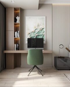Birou modern, elegant, mminimalist, si spatiu de depozitare inchis si spatiu pentru carti si decoratiuni. Ofera confort si un spatiu pentru eficienta si creativitate, atat pentru munca, cat si pentru hobbyurile tale.