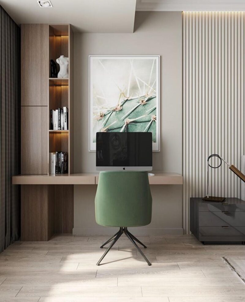 Birou modern, elegant, mminimalist, si spatiu de depozitare inchis si spatiu pentru carti si decoratiuni. Ofera confort si un spatiu pentru eficienta si creativitate, atat pentru munca, cat si pentru hobbyurile tale.